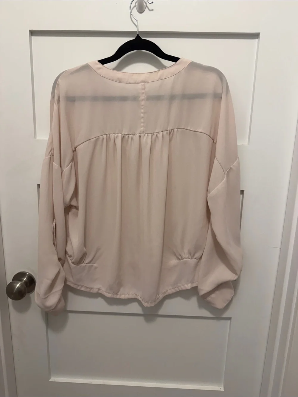Light Blush Button-Down Women’s Cropped Blouse with V-Neck